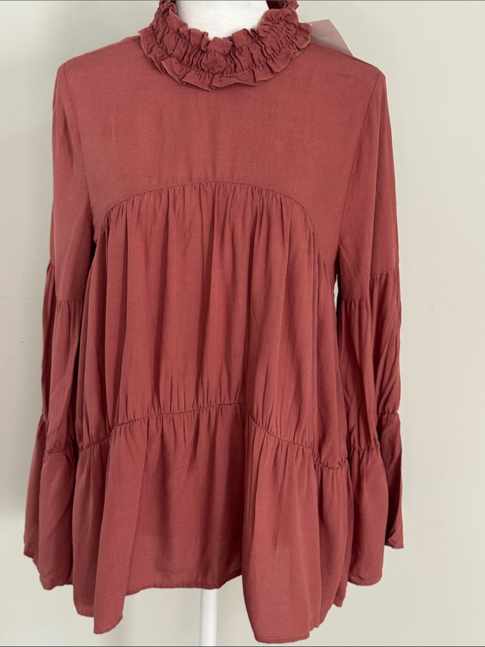 Zara Ruffled High-Neck Tunic in Dusty Rose